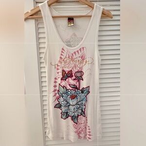 Vintage Don Ed Hardy Crystal Embellished Butterfly & Floral Graphic Tank Top
